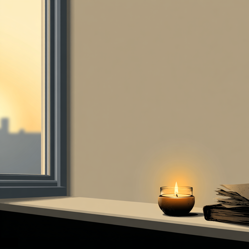 A lit candle and a small stack of papers on a windowsill at dusk.