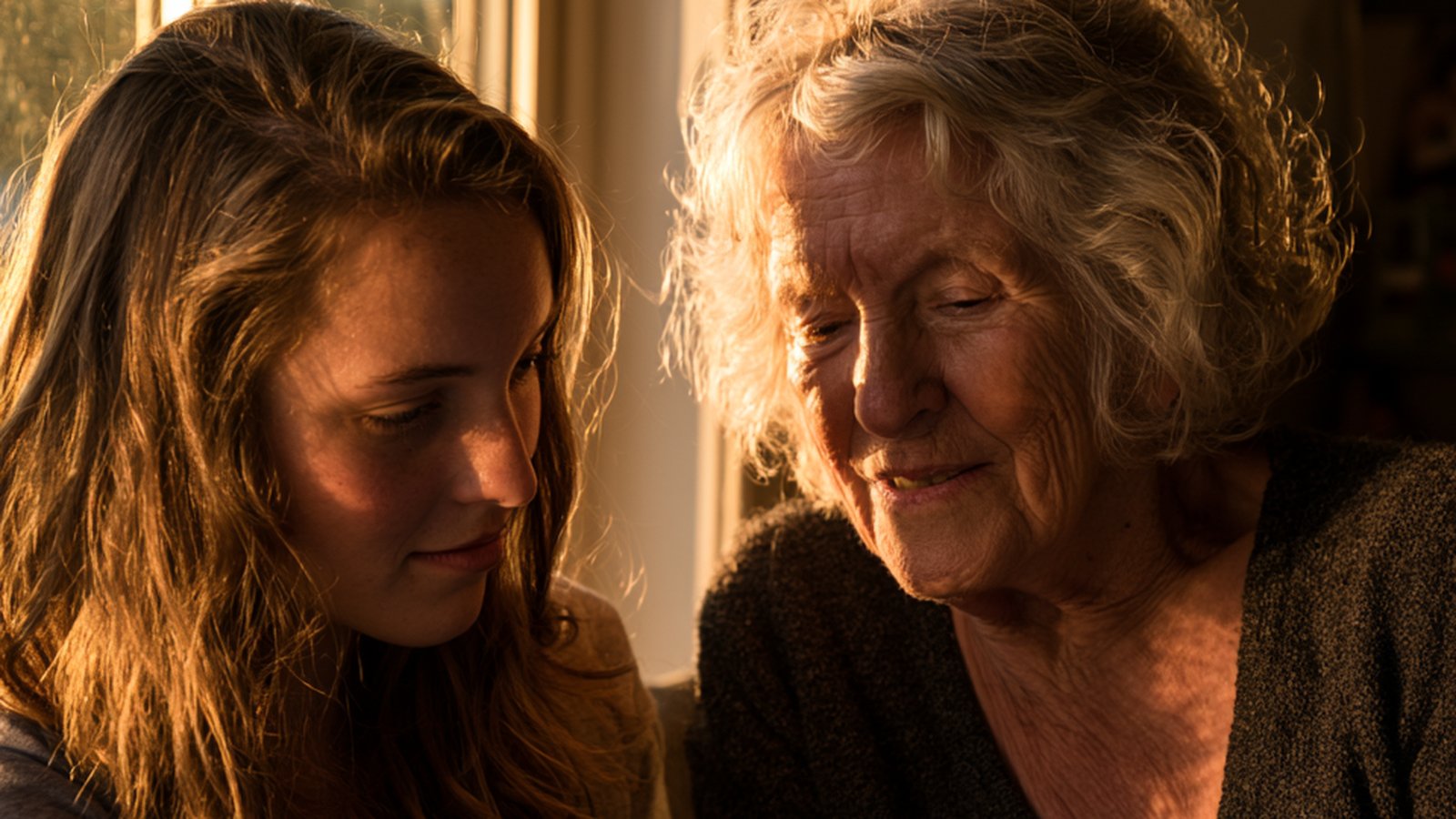 An older woman and her adult granddaughter looking together at a photograph by a window.