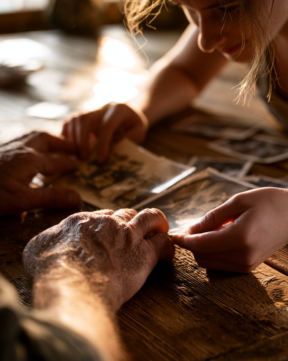 An older person's weathered hands and a younger person's hands together over old photographs.
