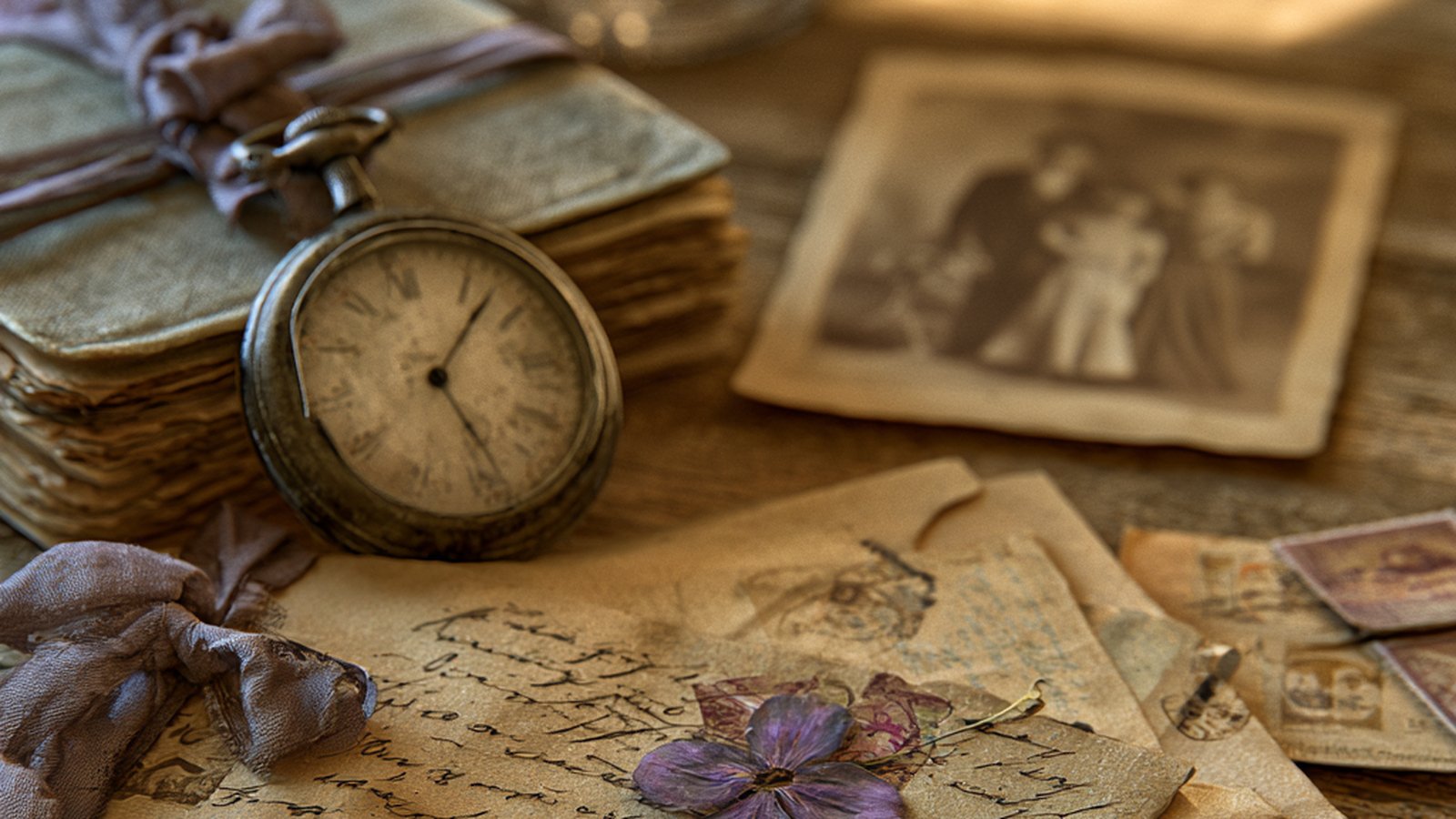 A still life of family keepsakes: a pocket watch, letters tied with ribbon, a pressed flower, and old photographs.