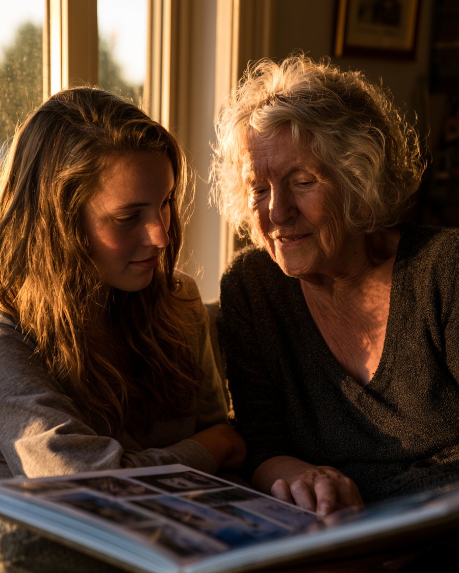 A grandmother and her granddaughter looking through a photo album together in warm evening light.
