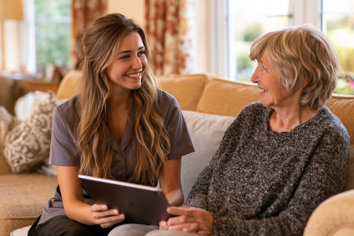 A staff member and a resident sharing a relaxed conversation over a tablet.